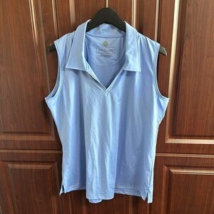 Light blue sleeveless sport shirt with collar. Golf, pickleball or tennis.
